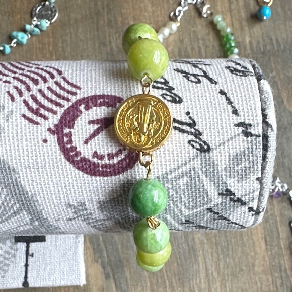 Imperial jade saint Benedict beaded bracelet handmade rosary link adjustable - Picture 2 of 12